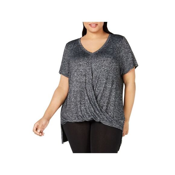 CALVIN KLEIN Womens Black Gathered Heather Short Sleeve V Neck T-Shirt M - Picture 1 of 2